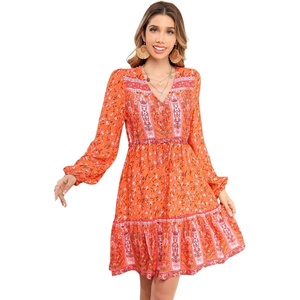 image:imageRVivimos Womens Cotton Long Sleeves VNeck Button Up Floral Print Bohemian Flowy Mini DressOrange