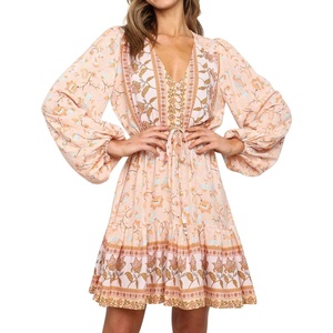 image:imageRVivimos Womens Cotton Long Sleeves VNeck Button Up Floral Print Bohemian Flowy Mini DressPeach