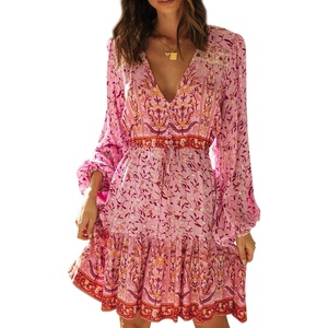 image:imageRVivimos Womens Cotton Long Sleeves VNeck Button Up Floral Print Bohemian Flowy Mini DressPink