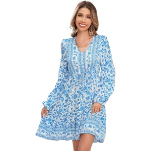 image:imageRVivimos Womens Cotton Long Sleeves VNeck Button Up Floral Print Bohemian Flowy Mini DressWhiteskyblue