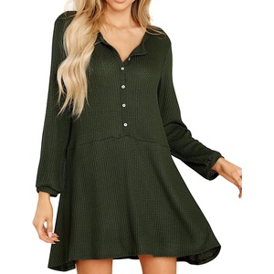 image:imageRVivimos Womens Fall Cotton Long Sleeves Casual Button Down Knit Swing Flare Mini Tunic DressArmygreen