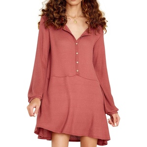 image:imageRVivimos Womens Fall Cotton Long Sleeves Casual Button Down Knit Swing Flare Mini Tunic DressCoral
