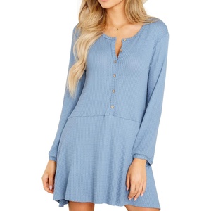 image:imageRVivimos Womens Fall Cotton Long Sleeves Casual Button Down Knit Swing Flare Mini Tunic DressSkyblue