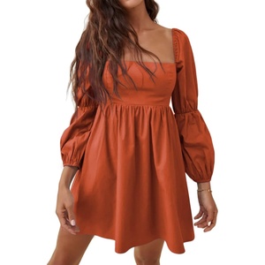 image:imageRVivimos Womens Fall Puff Long Sleeve Square Neck Casual Ruched A line Mini DressBurntorange