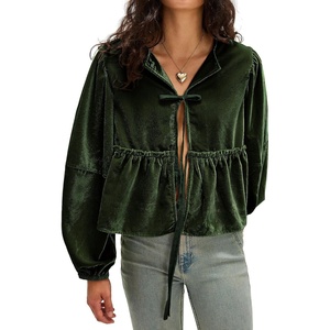 image:imageRVivimos Womens Fall Velvet Tops 2026 Long Sleeve Tie Front Casual Jackets Cardigan Vintage Loose Short CoatArmy Green