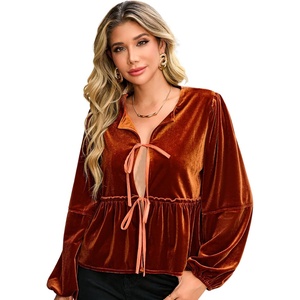image:imageRVivimos Womens Fall Velvet Tops 2026 Long Sleeve Tie Front Casual Jackets Cardigan Vintage Loose Short CoatRust Brown