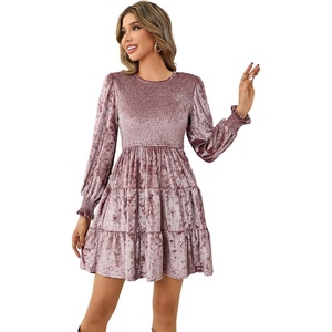 image:imageRVivimos Womens Fall Winter Crushed Velvet Dress Long Sleeve Crew Neck Elastic Smocked ALine Tiered Ruffle Mini DressPink
