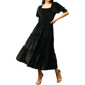 image:imageRVivimos Womens Fall Winter Velvet Dress Puff Sleeve Square Neck Smocked Tiered Ruffle ALine Flowy Midi DressBlack