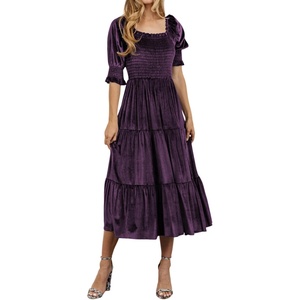 image:imageRVivimos Womens Fall Winter Velvet Dress Puff Sleeve Square Neck Smocked Tiered Ruffle ALine Flowy Midi DressDark Purple