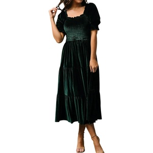 image:imageRVivimos Womens Fall Winter Velvet Dress Puff Sleeve Square Neck Smocked Tiered Ruffle ALine Flowy Midi DressDarkgreen