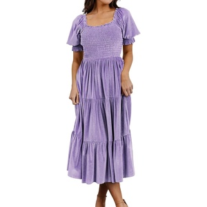 image:imageRVivimos Womens Fall Winter Velvet Dress Puff Sleeve Square Neck Smocked Tiered Ruffle ALine Flowy Midi DressLight Purple