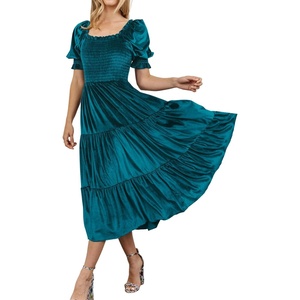 image:imageRVivimos Womens Fall Winter Velvet Dress Puff Sleeve Square Neck Smocked Tiered Ruffle ALine Flowy Midi DressTeal
