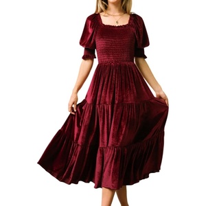 image:imageRVivimos Womens Fall Winter Velvet Dress Puff Sleeve Square Neck Smocked Tiered Ruffle ALine Flowy Midi DressWinered