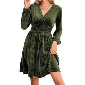 image:imageRVivimos Womens Fall Winter Velvet Striped Mini Dress 2026 Long Sleeve V Neck Elastic High Waist Elegant Casual ALine DressArmy Green