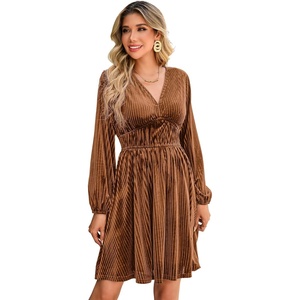 image:imageRVivimos Womens Fall Winter Velvet Striped Mini Dress 2026 Long Sleeve V Neck Elastic High Waist Elegant Casual ALine DressBrown
