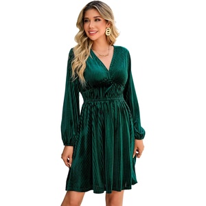 image:imageRVivimos Womens Fall Winter Velvet Striped Mini Dress 2026 Long Sleeve V Neck Elastic High Waist Elegant Casual ALine DressDark Green