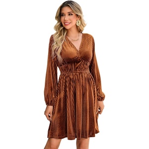 image:imageRVivimos Womens Fall Winter Velvet Striped Mini Dress 2026 Long Sleeve V Neck Elastic High Waist Elegant Casual ALine DressRust