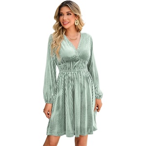 image:imageRVivimos Womens Fall Winter Velvet Striped Mini Dress 2026 Long Sleeve V Neck Elastic High Waist Elegant Casual ALine DressSage Green