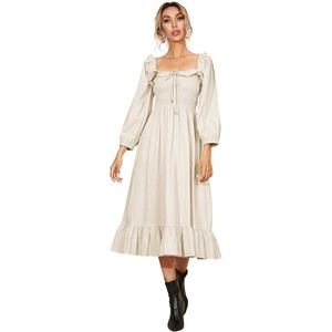 image:imageRVivimos Womens Linen Fall Long Sleeves Stripes Ruffled Boho Casual ALine Flowy Midi DressesBeige