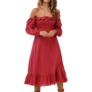 image:imageRVivimos Womens Linen Fall Long Sleeves Stripes Ruffled Boho Casual ALine Flowy Midi DressesBurgundy