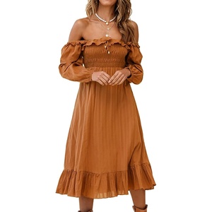 image:imageRVivimos Womens Linen Fall Long Sleeves Stripes Ruffled Boho Casual ALine Flowy Midi DressesOrange