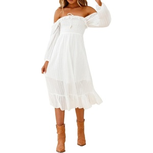 image:imageRVivimos Womens Linen Fall Long Sleeves Stripes Ruffled Boho Casual ALine Flowy Midi DressesWhite