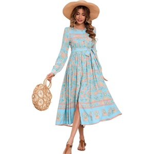 image:imageRVivimos Womens Long Sleeve Boho Floral Print Dress Crew Neck Button Down Casual Loose Slit Flowy Midi Dress with BeltSkyblue