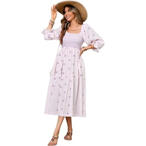 image:imageRVivimos Womens Long Sleeve Cotton Boho Midi Dress Vintage Square Neck Floral Embroidered Tiered Ruffle Flowy Pockets DressLight Pink