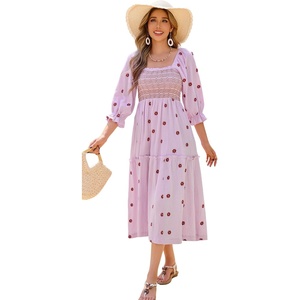 image:imageRVivimos Womens Long Sleeve Cotton Boho Midi Dress Vintage Square Neck Floral Embroidered Tiered Ruffle Flowy Pockets DressLightpurple