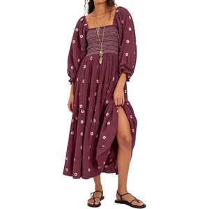 image:imageRVivimos Womens Long Sleeve Cotton Boho Midi Dress Vintage Square Neck Floral Embroidered Tiered Ruffle Flowy Pockets DressWine Red
