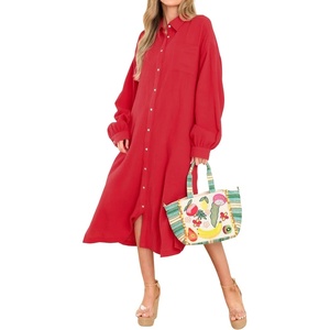 image:imageRVivimos Womens Long Sleeve Cotton Oversized Dress Casual Button Down Loose Slit Midi Dress with PocketRed