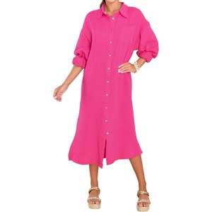 image:imageRVivimos Womens Long Sleeve Cotton Oversized Dress Casual Button Down Loose Slit Midi Dress with PocketRosered