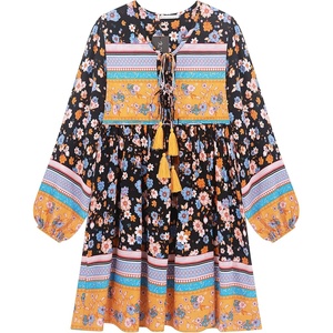 image:imageRVivimos Womens Long Sleeve Floral Casual Print Cotton Mini Tunic DressBlack