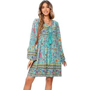 image:imageRVivimos Womens Long Sleeve Floral Casual Print Cotton Mini Tunic DressGreen