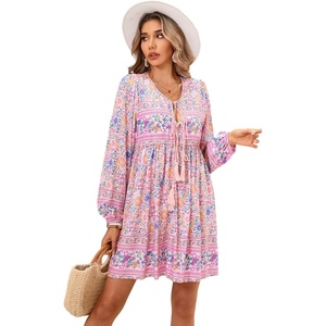 image:imageRVivimos Womens Long Sleeve Floral Casual Print Cotton Mini Tunic DressLightpink