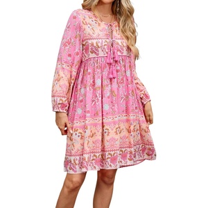 image:imageRVivimos Womens Long Sleeve Floral Casual Print Cotton Mini Tunic DressLightpink2