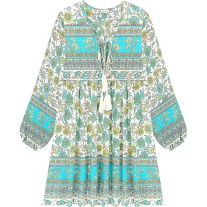 image:imageRVivimos Womens Long Sleeve Floral Casual Print Cotton Mini Tunic DressMulti Green