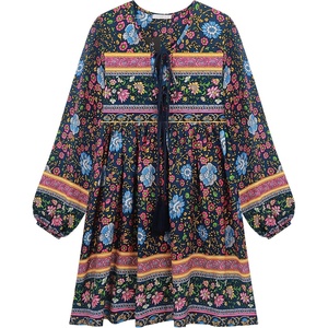 image:imageRVivimos Womens Long Sleeve Floral Casual Print Cotton Mini Tunic DressNavyblue