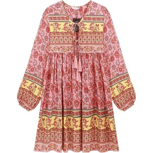 image:imageRVivimos Womens Long Sleeve Floral Casual Print Cotton Mini Tunic DressOrangepink