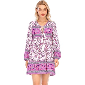 image:imageRVivimos Womens Long Sleeve Floral Casual Print Cotton Mini Tunic DressOrchid