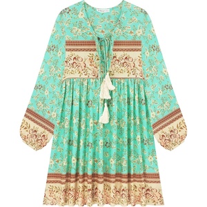 image:imageRVivimos Womens Long Sleeve Floral Casual Print Cotton Mini Tunic DressPaleturquoise