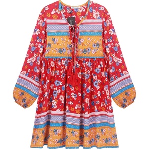 image:imageRVivimos Womens Long Sleeve Floral Casual Print Cotton Mini Tunic DressRed2
