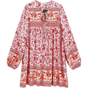 image:imageRVivimos Womens Long Sleeve Floral Casual Print Cotton Mini Tunic DressRosepink