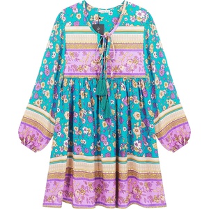 image:imageRVivimos Womens Long Sleeve Floral Casual Print Cotton Mini Tunic DressSkyblue