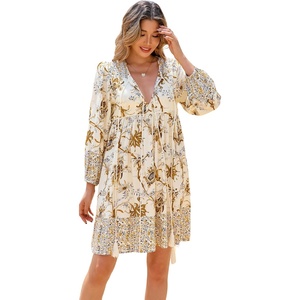 image:imageRVivimos Womens Long Sleeve Floral Casual Print Cotton Mini Tunic DressWhite
