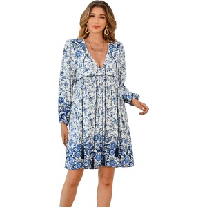 image:imageRVivimos Womens Long Sleeve Floral Casual Print Cotton Mini Tunic DressWhiteblue2