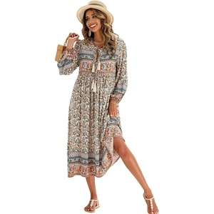 image:imageRVivimos Womens Long Sleeve Floral Print Retro V Neck Tassel Bohemian Midi DressesBeige