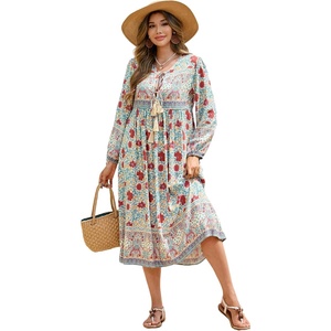 image:imageRVivimos Womens Long Sleeve Floral Print Retro V Neck Tassel Bohemian Midi DressesBeigeblue
