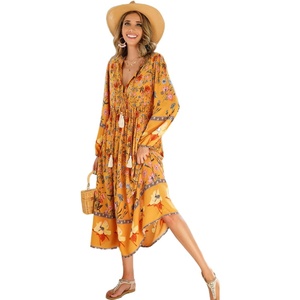 image:imageRVivimos Womens Long Sleeve Floral Print Retro V Neck Tassel Bohemian Midi DressesGoldenrod