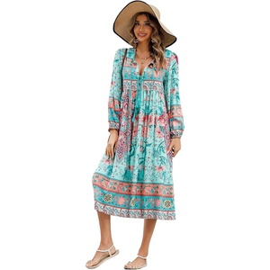 image:imageRVivimos Womens Long Sleeve Floral Print Retro V Neck Tassel Bohemian Midi DressesLightcyan